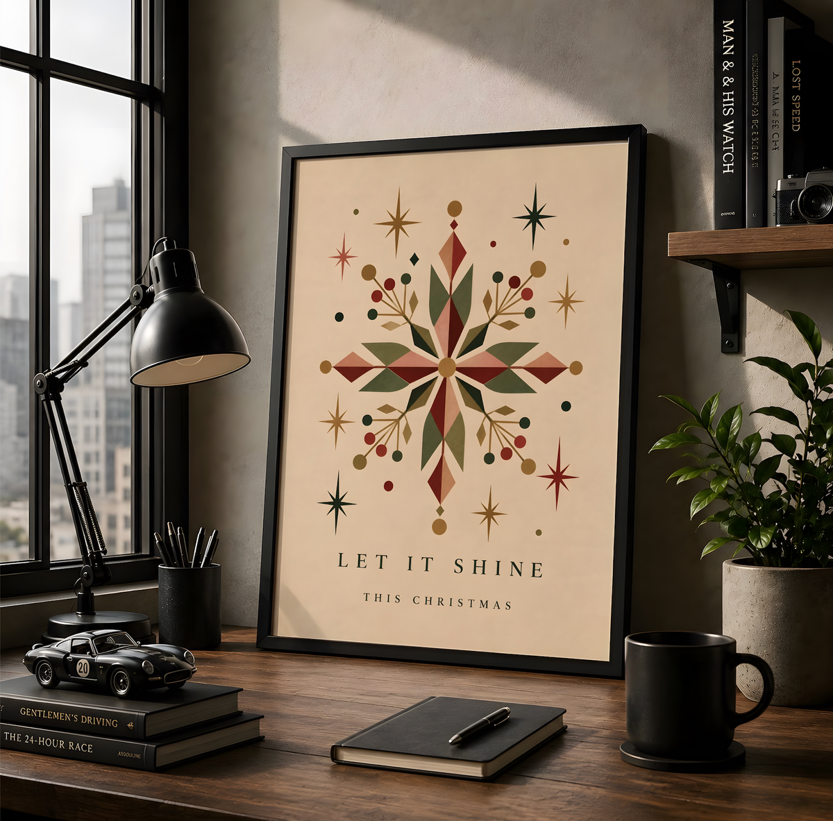 Vintage Geometric Snowflake Print, Retro Christmas Wall Art