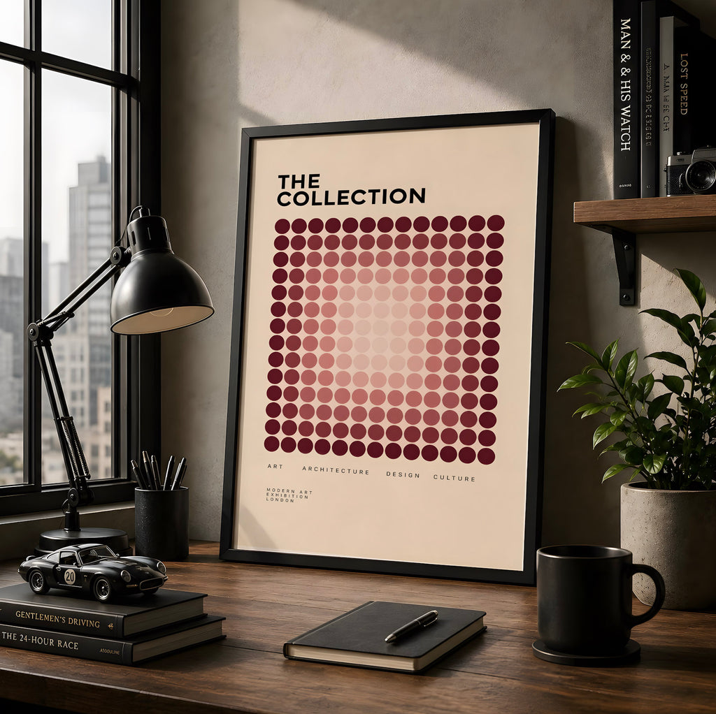 Burgundy Geometric Modernist Poster, Abstract Dot Pattern Wall Art, Contemporary Graphic Design Decor