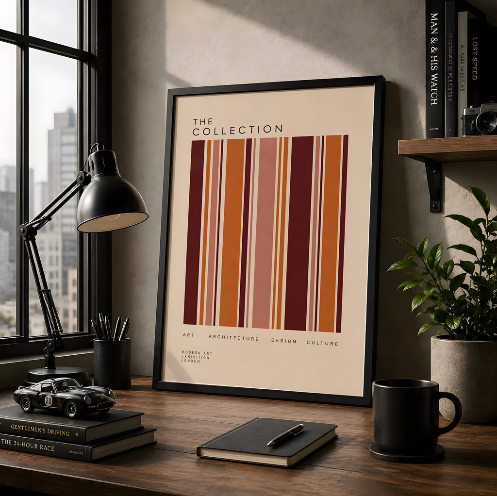 Burgundy Modernist Poster, Geometric Stripe Wall Art, Mid Century Modern Print