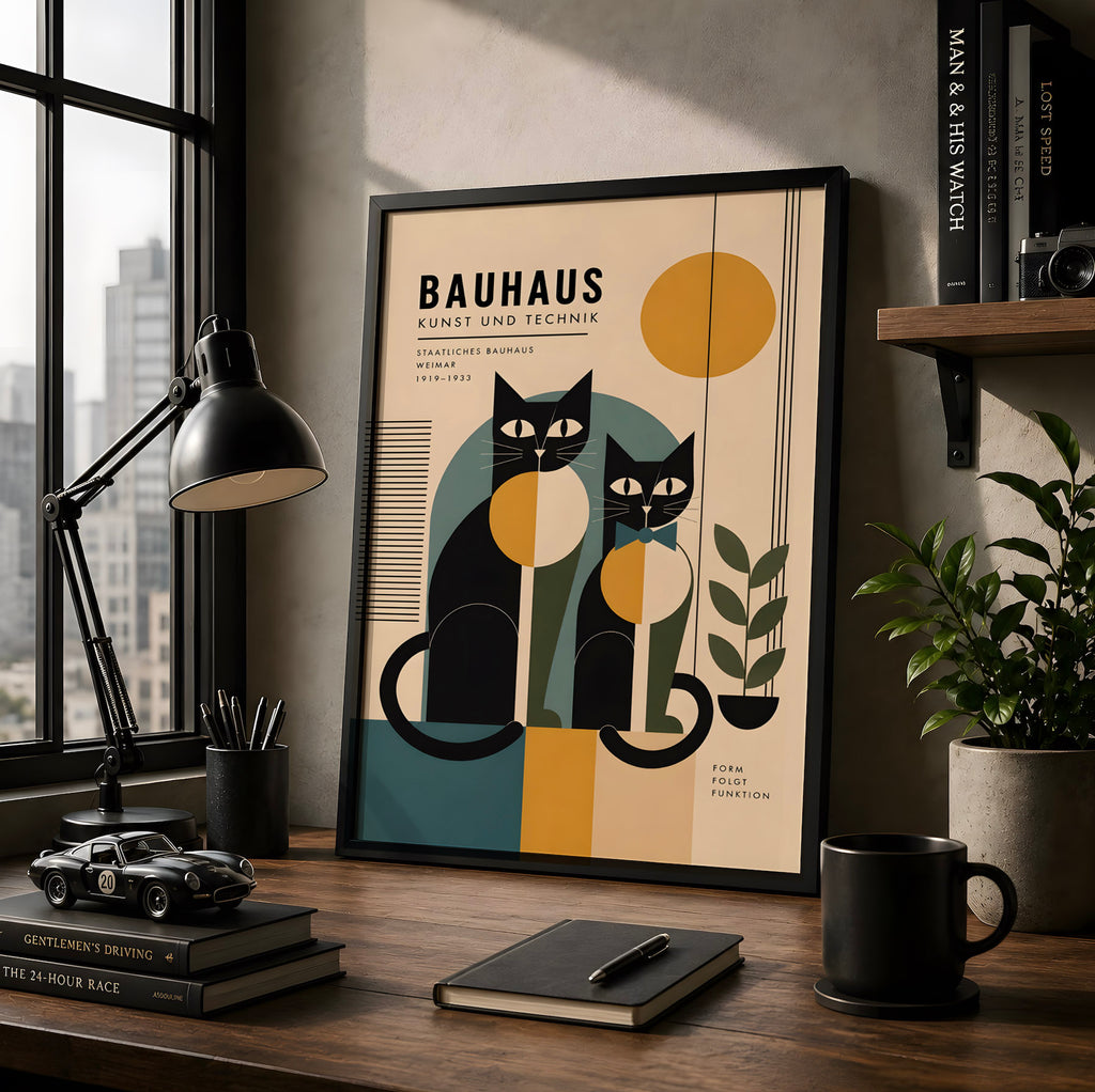Bauhaus Couple of Cats Poster, Geometric Mid Century Wall Art Decor