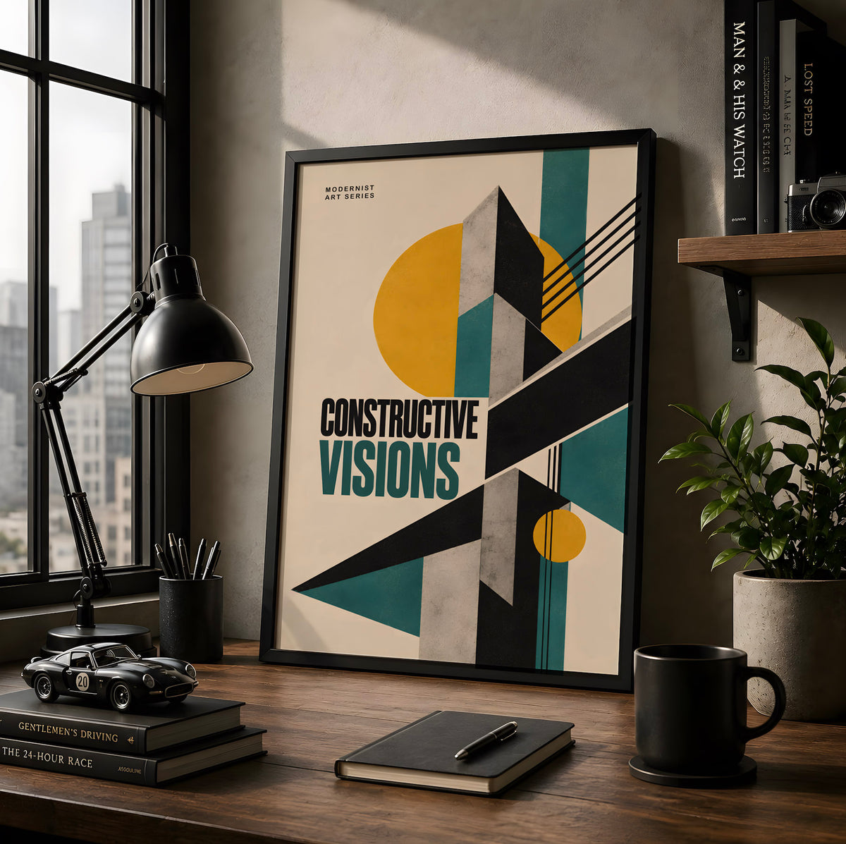 Constructivist  Poster, Bauhaus Geometric Wall Art, Teal Mustard Yellow Graphic Design