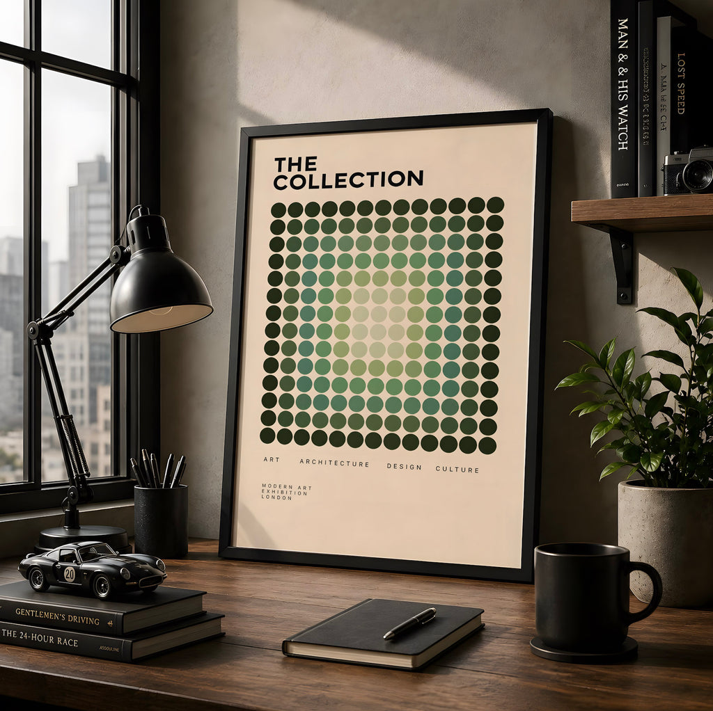 Green Geometric Modernist Poster, Abstract Dot Pattern Wall Art, Graphic Design Decor