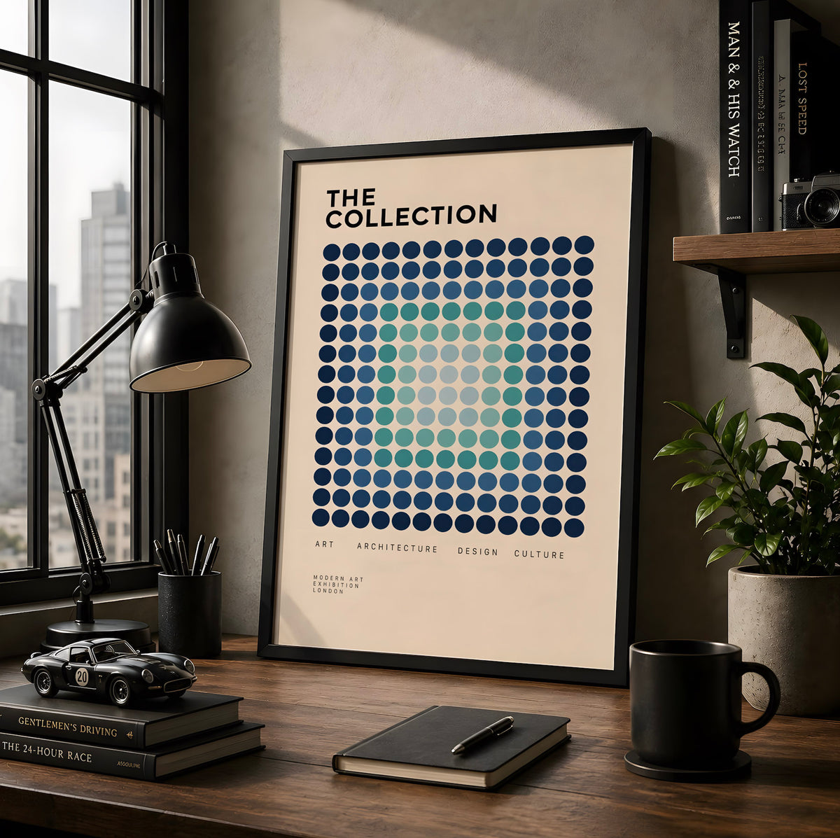 Blue Geometric Modernist Poster, Abstract Dot Pattern Wall Art, Graphic Design Decor