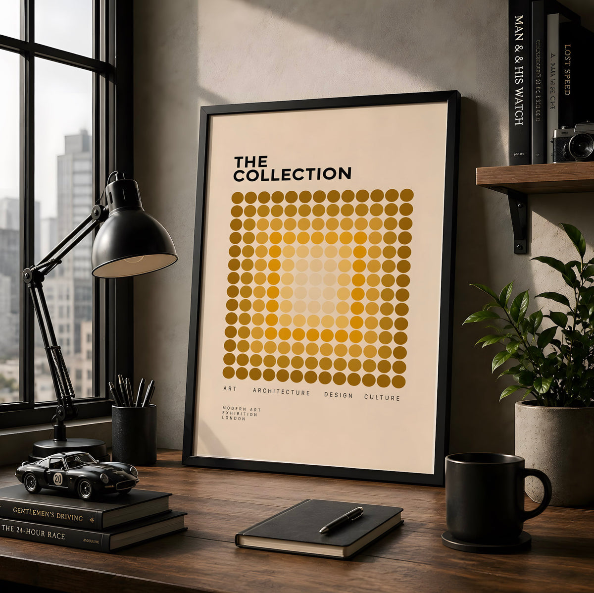 Yellow Geometric Poster, Abstract Dot Pattern Wall Art, Mid Century Modern Art