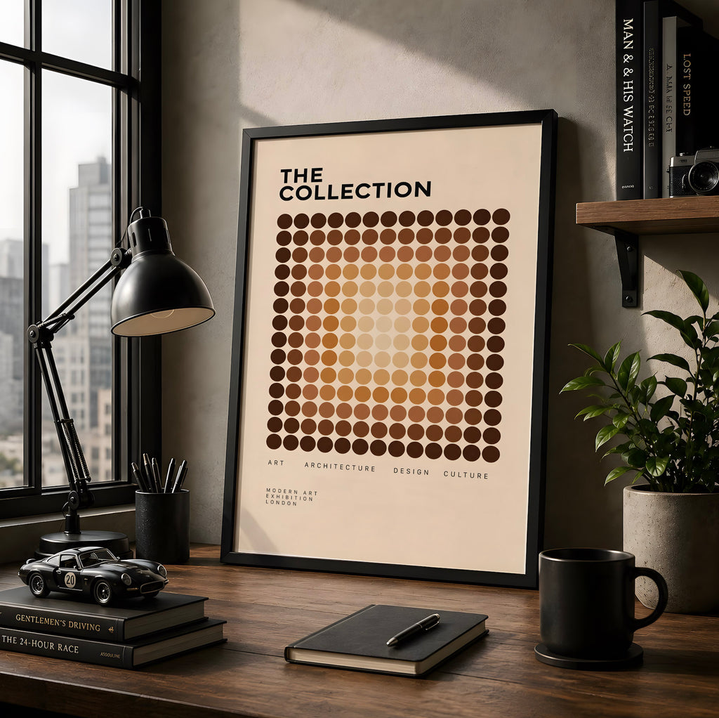 Brown Geometric Modernist Poster, Abstract Dot Pattern Wall Art, Mid Century Modern Print