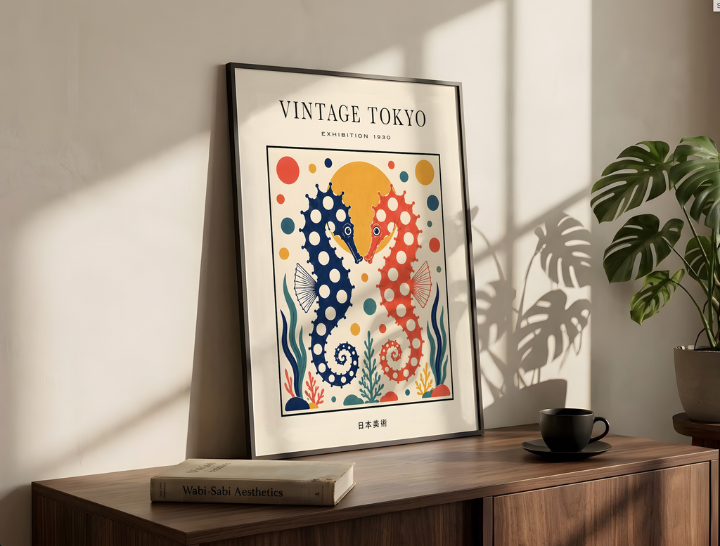 Vintage Tokyo Seahorse Art Print, Polka Dot Japanese Wall Art, Colourful Ocean Poster