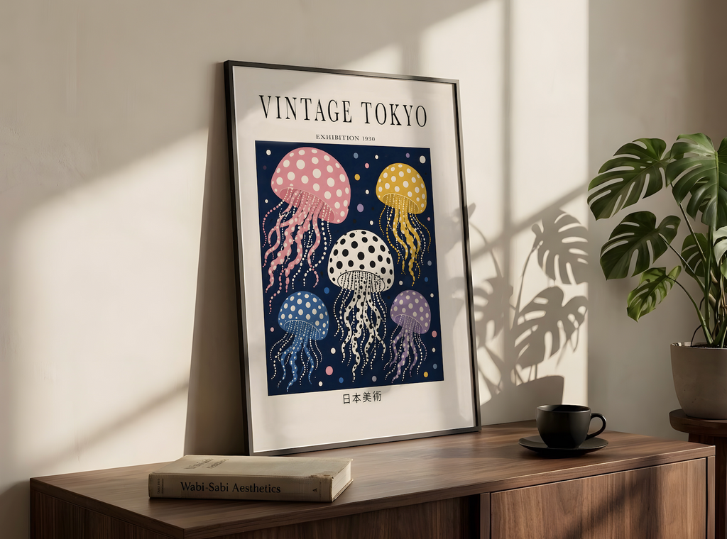 Polka Dot Jellyfish Wall Art Print, Vintage Japanese Poster