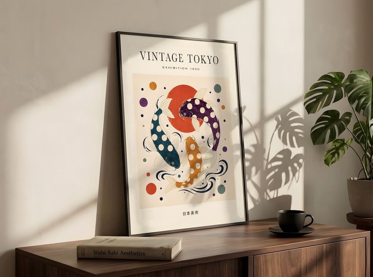 Vintage Tokyo Koi Fish Art Print, Polka Dot Japanese Wall Art, Colourful Retro Poster