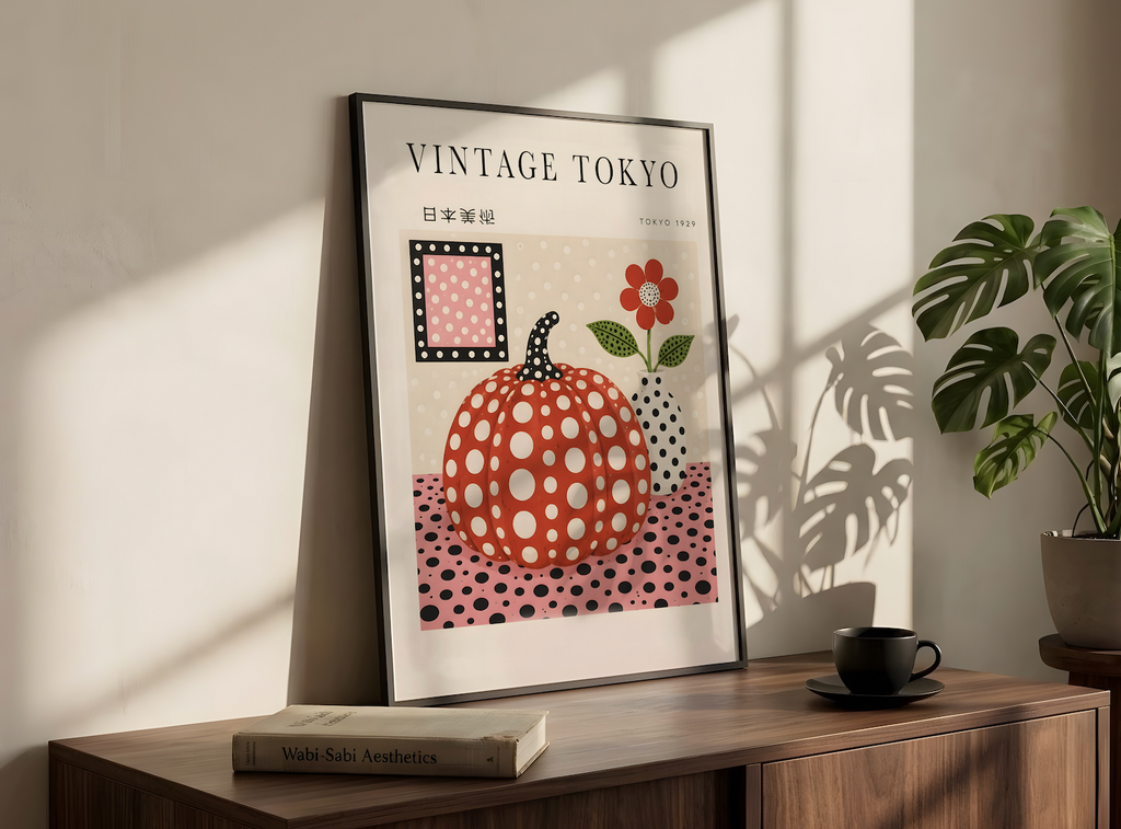 Polka Dot Pumpkin Wall Art Poster, Vintage Japanese Print
