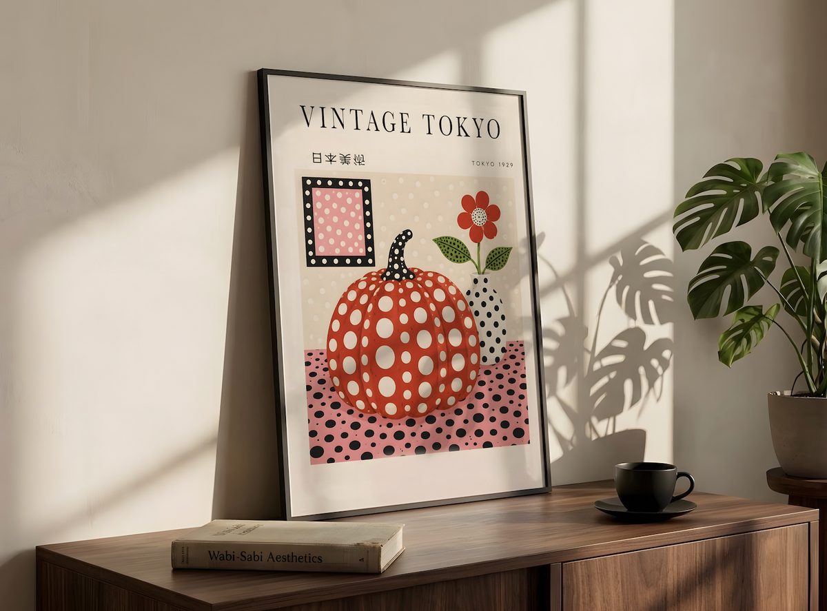 Polka Dot Pumpkin Wall Art Poster, Vintage Japanese Print