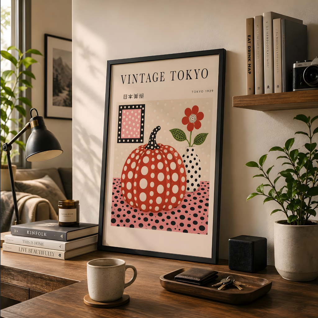 Polka Dot Pumpkin Wall Art Poster, Vintage Japanese Print