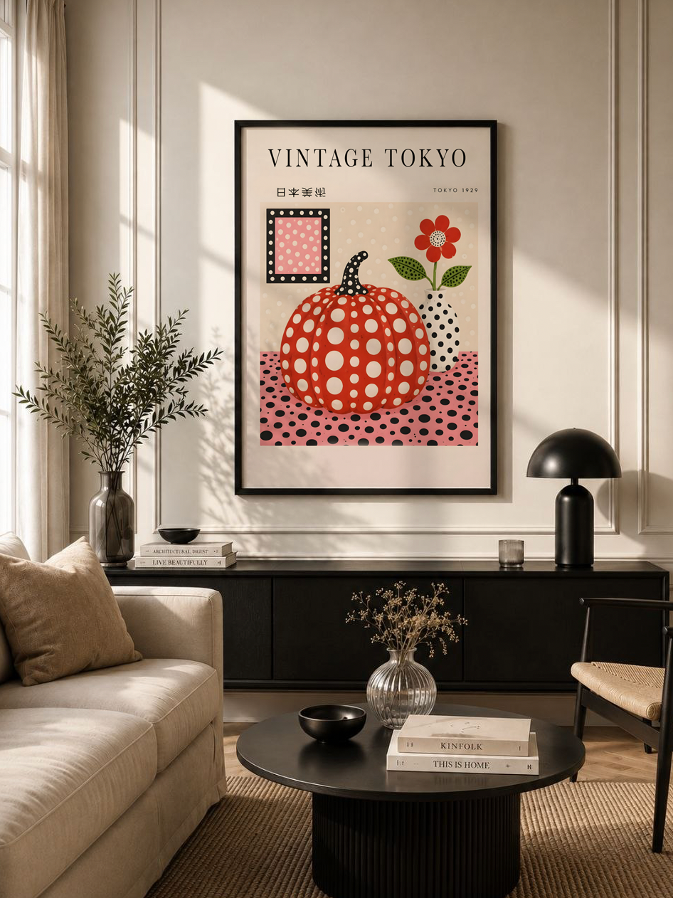 Polka Dot Pumpkin Wall Art Poster, Vintage Japanese Print