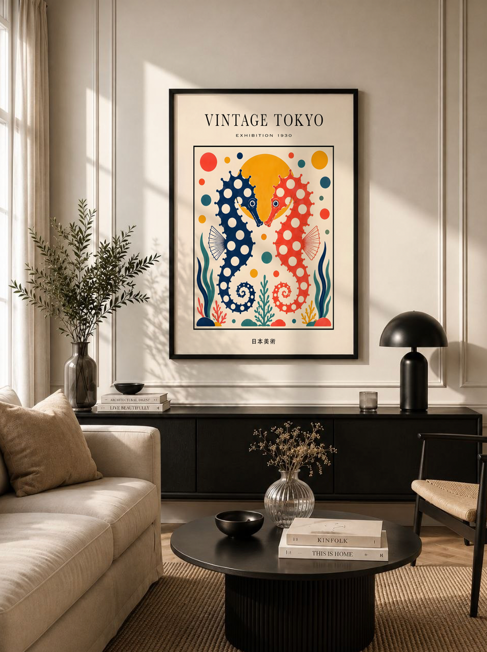 Vintage Tokyo Seahorse Art Print, Polka Dot Japanese Wall Art, Colourful Ocean Poster