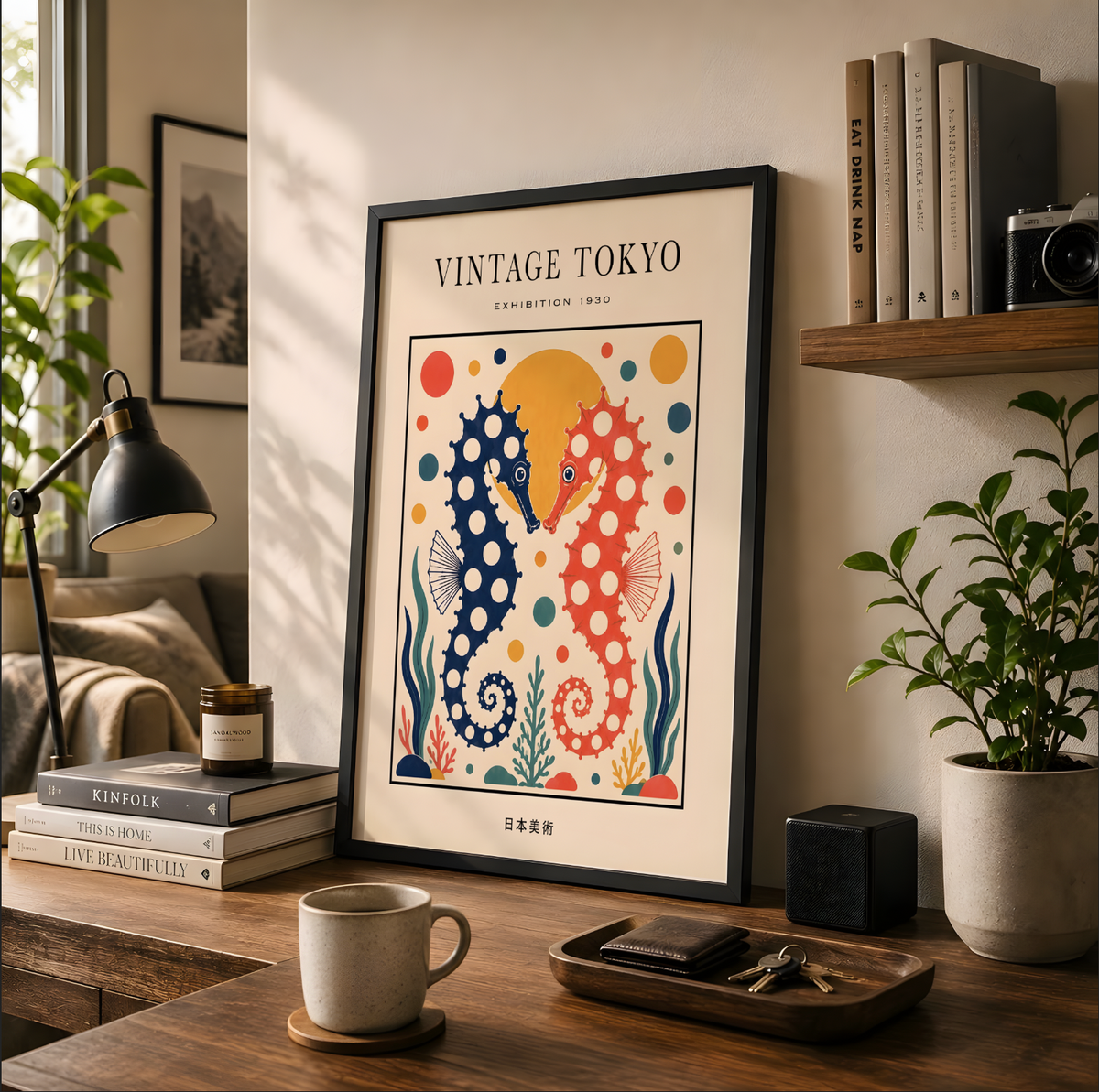 Vintage Tokyo Seahorse Art Print, Polka Dot Japanese Wall Art, Colourful Ocean Poster