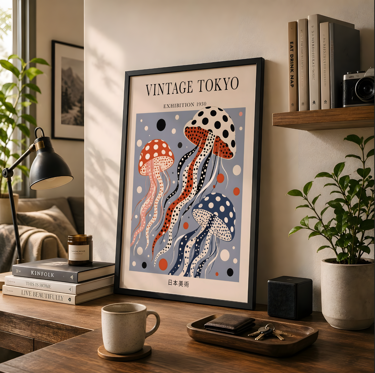 Polka dot  Blue Jellyfish Wall Art Print, Japandi, Vintage Japanese Poster