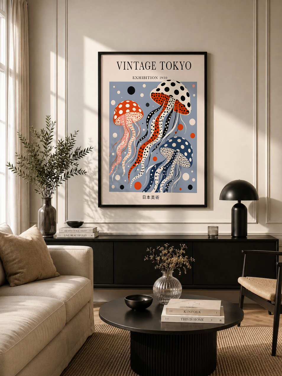 Polka dot  Blue Jellyfish Wall Art Print, Japandi, Vintage Japanese Poster