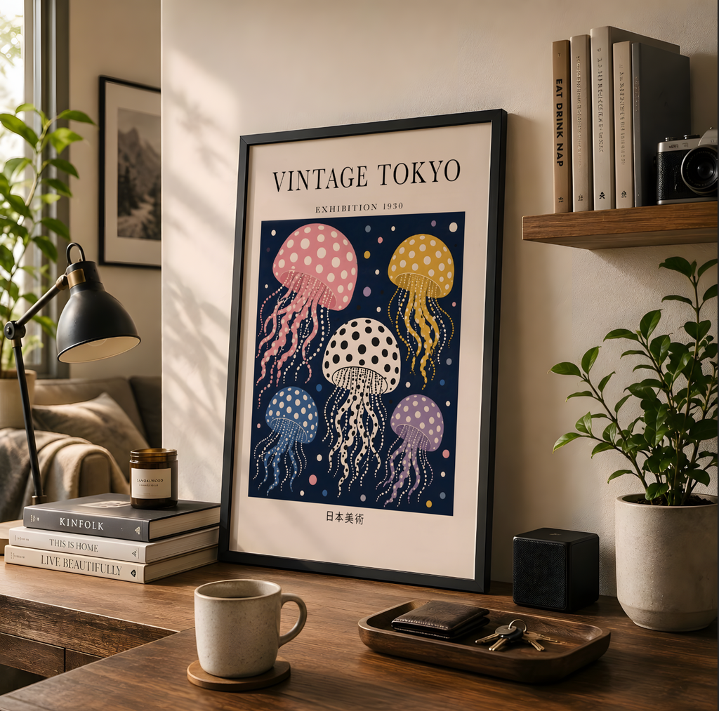 Polka Dot Jellyfish Wall Art Print, Vintage Japanese Poster