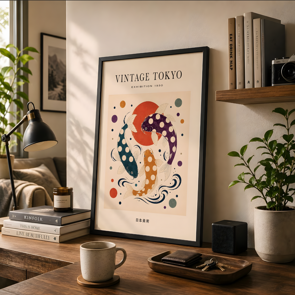 Vintage Tokyo Koi Fish Art Print, Polka Dot Japanese Wall Art, Colourful Retro Poster