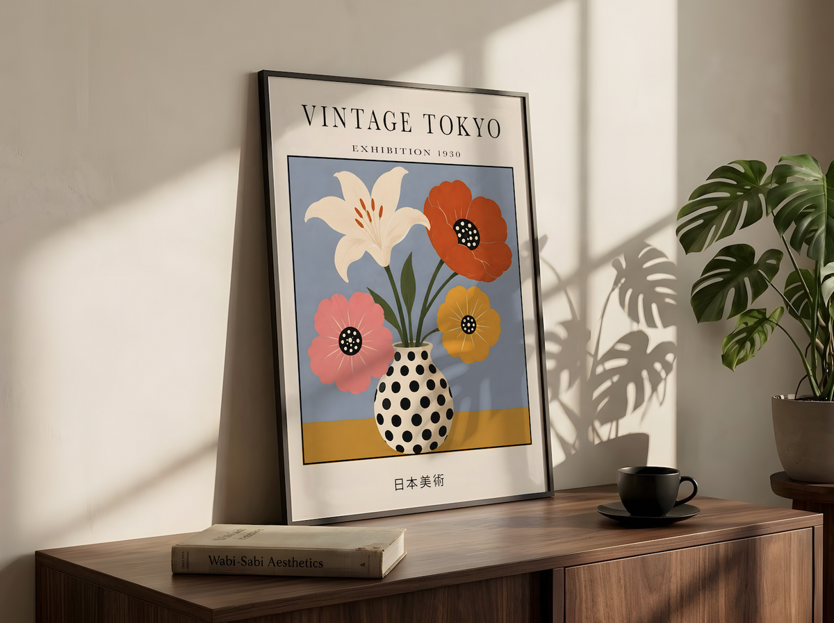 Polka Dot Flowers Wall Art Poster, Vintage Japanese Print