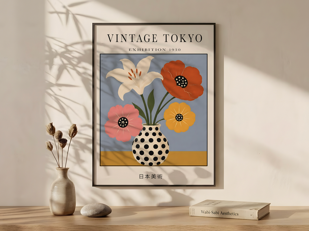 Polka Dot Flowers Wall Art Poster, Vintage Japanese Print