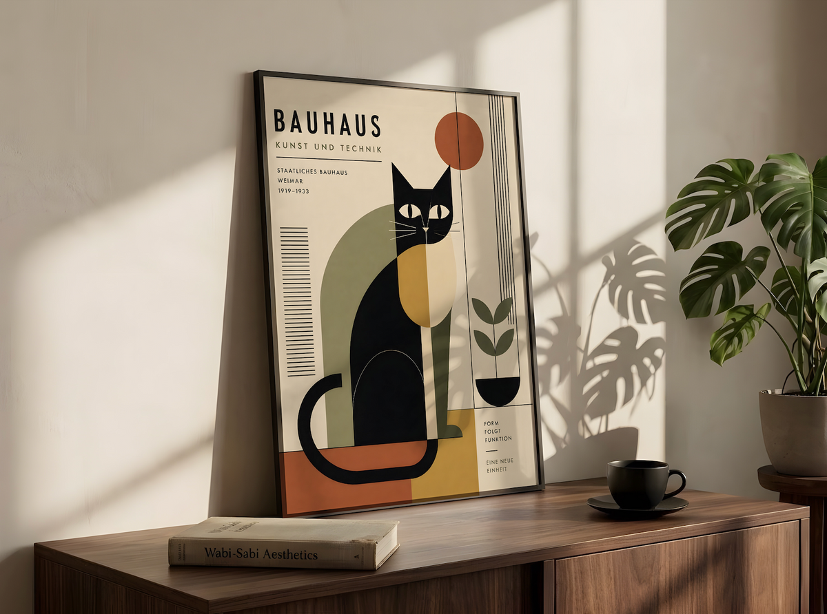 Bauhaus Cat Poster, Geometric Mid Century Wall Art Decor