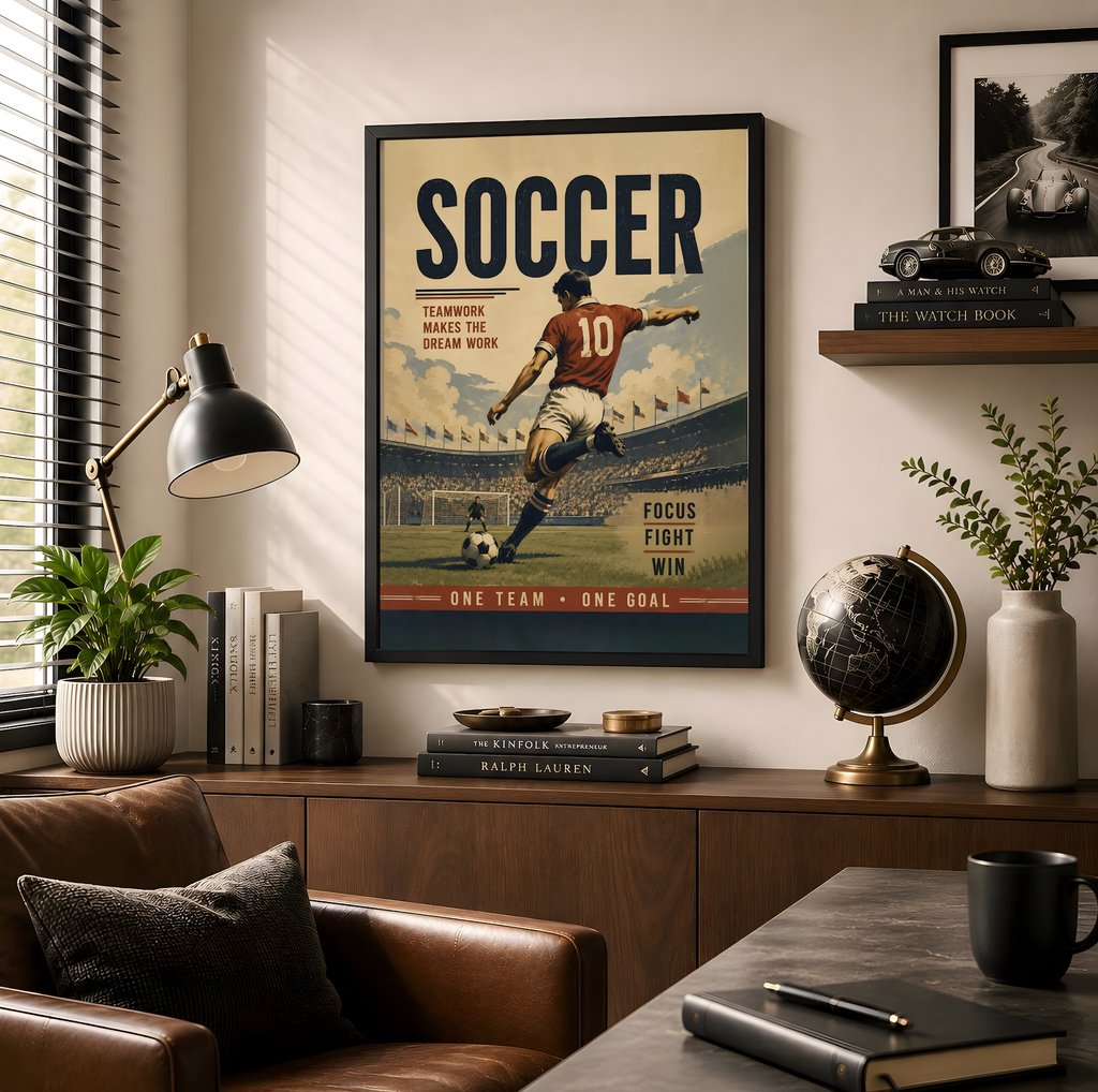 Vintage Soccer Poster, Retro Football Art, Teamwork Player Decor, Soccer Gift