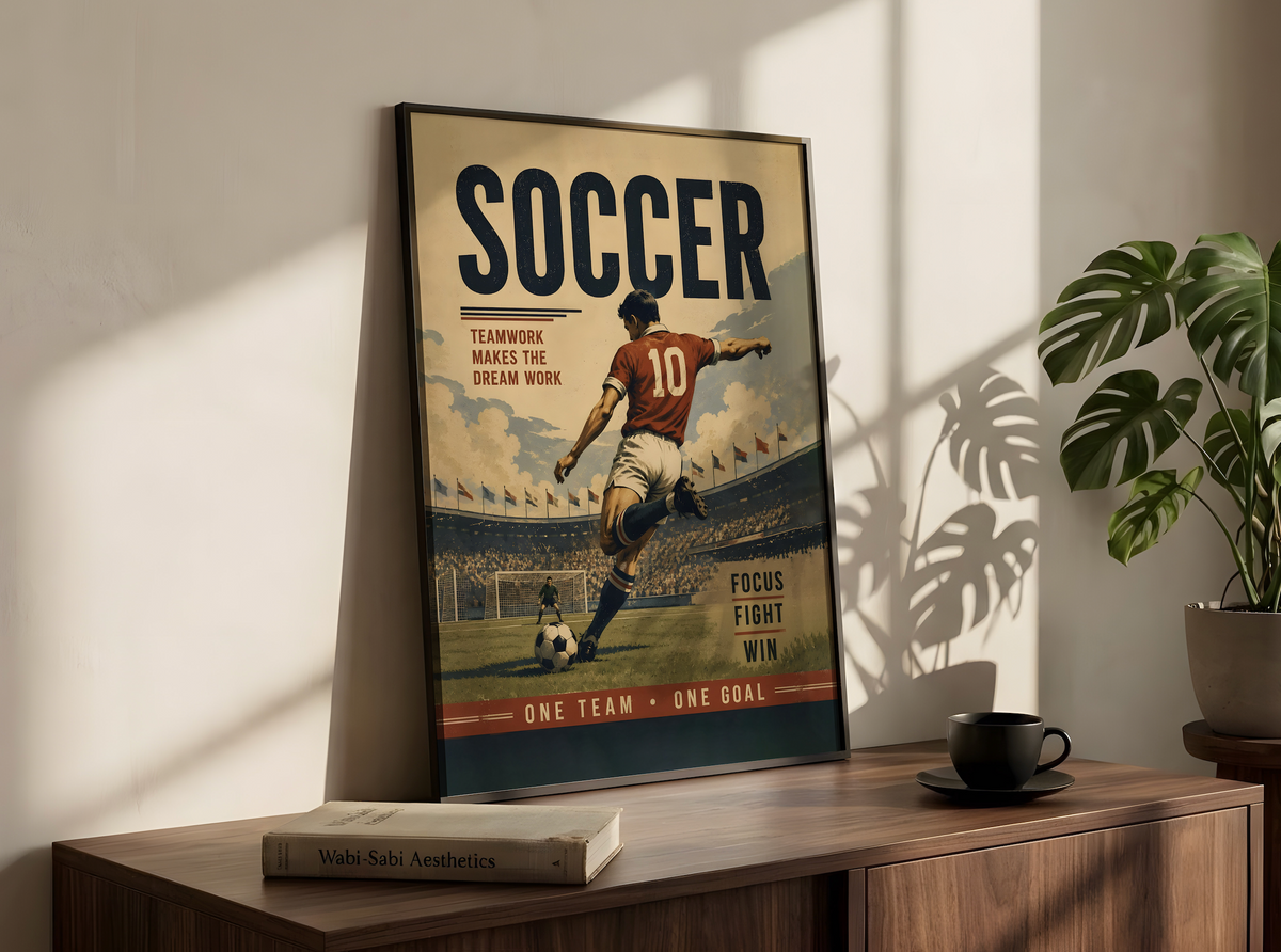 Vintage Soccer Poster, Retro Football Art, Teamwork Player Decor, Soccer Gift