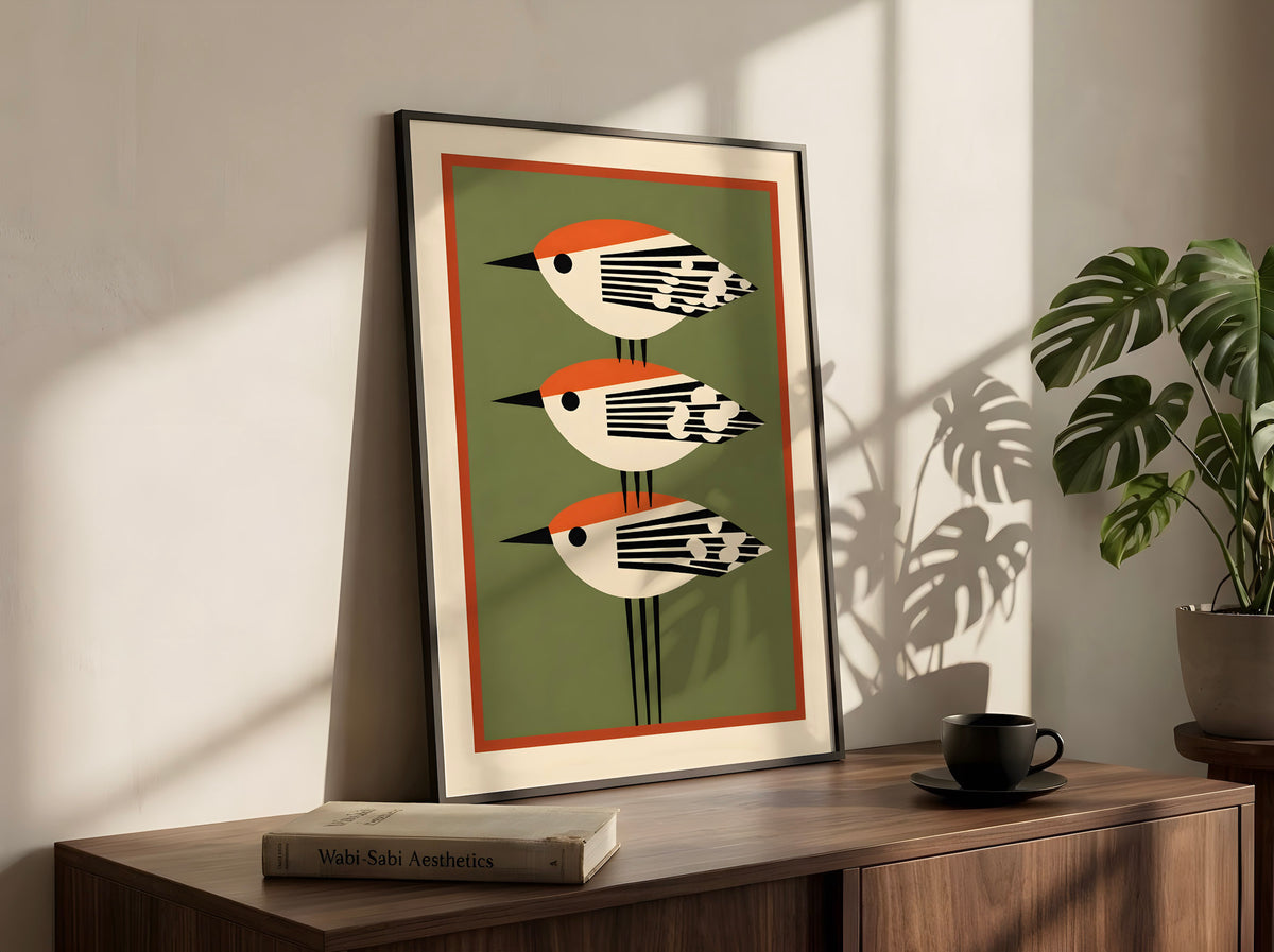 Red-Crowned Birds Wall Art Print, Mid-Century Modern Bird Poster