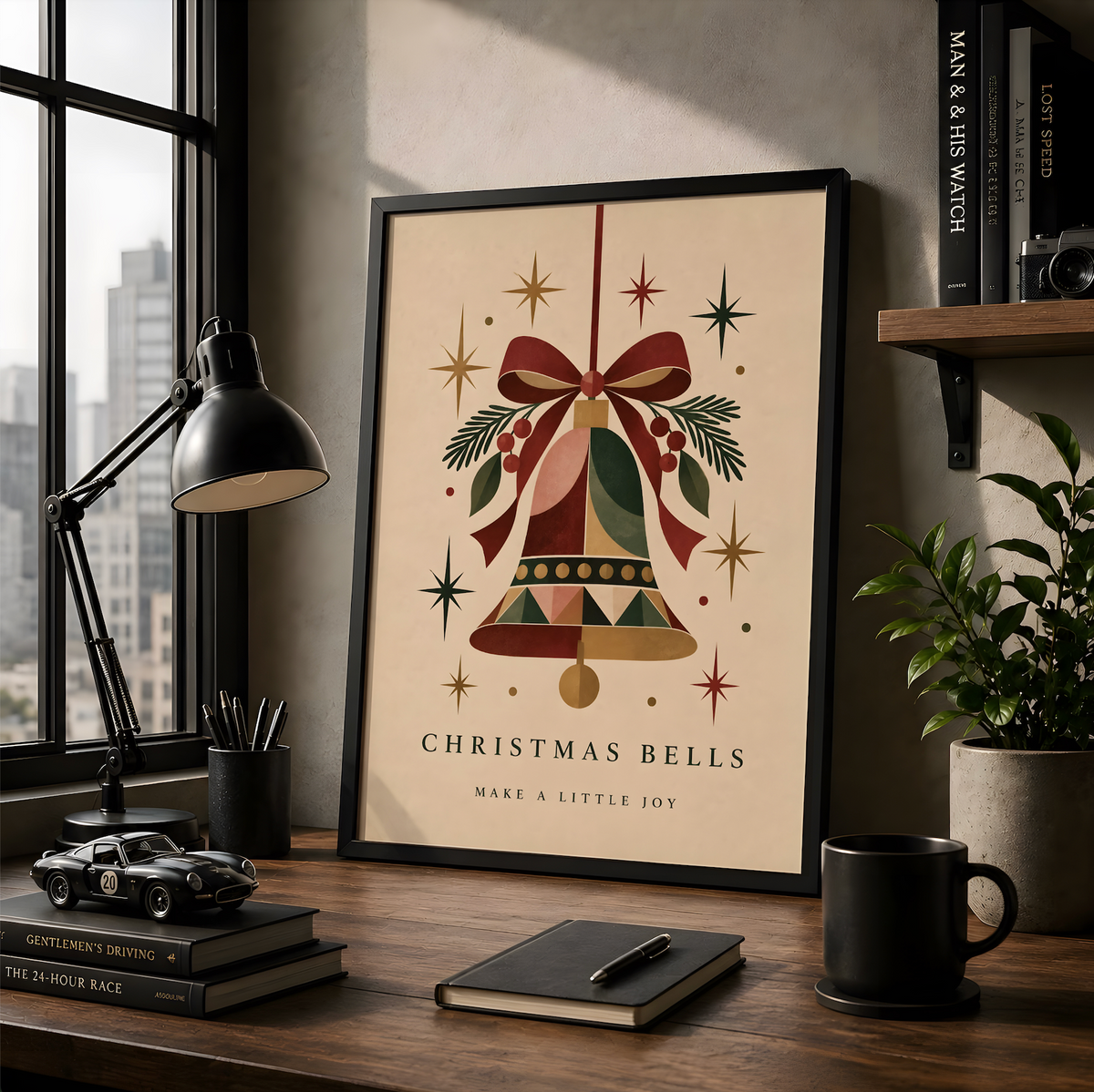 Vintage Christmas Bell Print, Holiday Bow Decor, Matte Paper Art