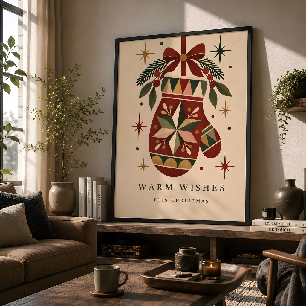 Vintage Christmas Mitten Wall Art, Festive Holiday Poster
