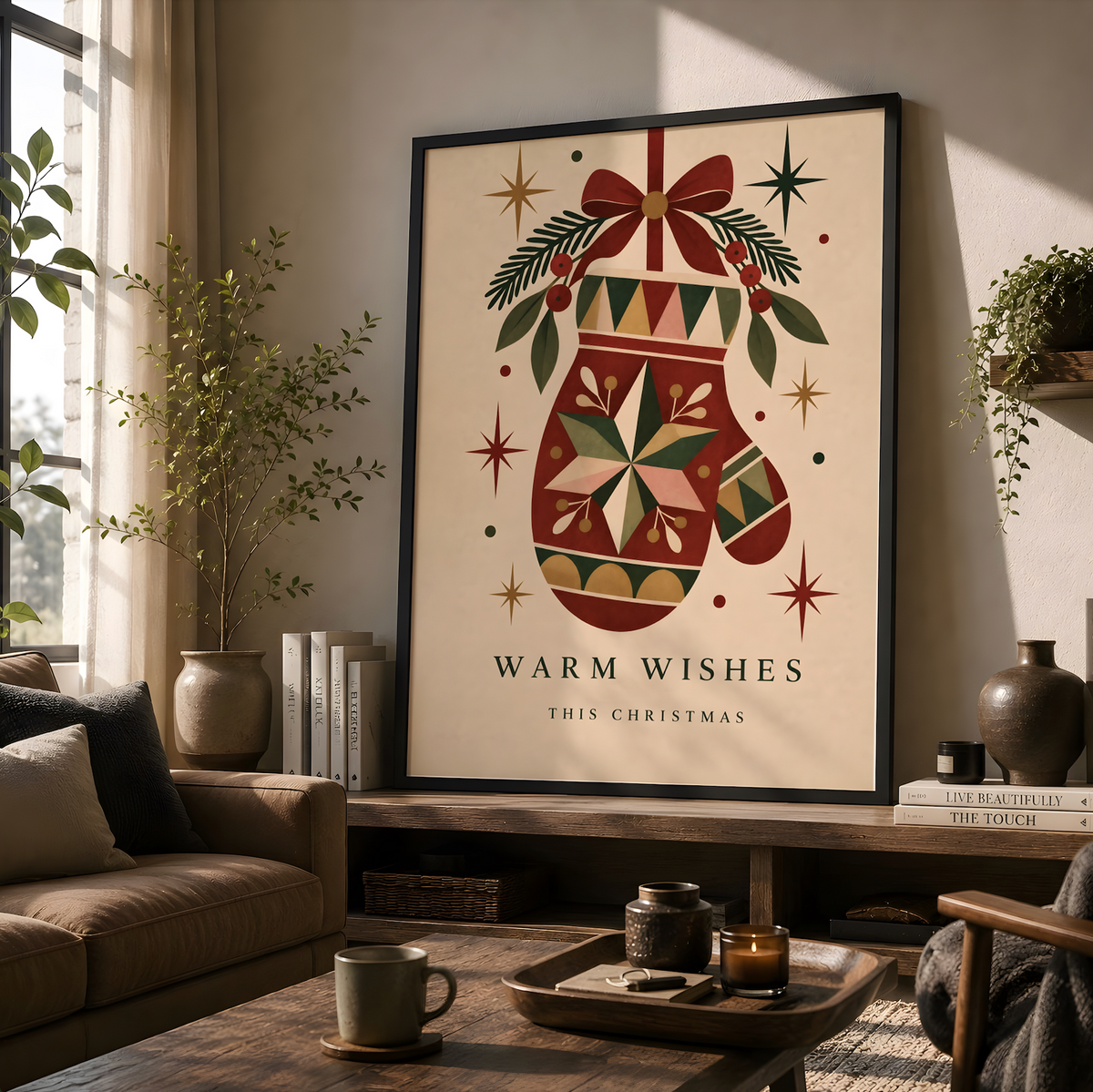 Vintage Christmas Mitten Wall Art, Festive Holiday Poster