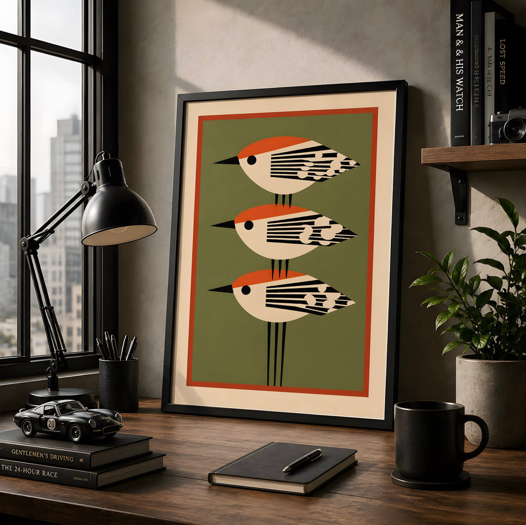 Red-Crowned Birds Wall Art Print, Mid-Century Modern Bird Poster