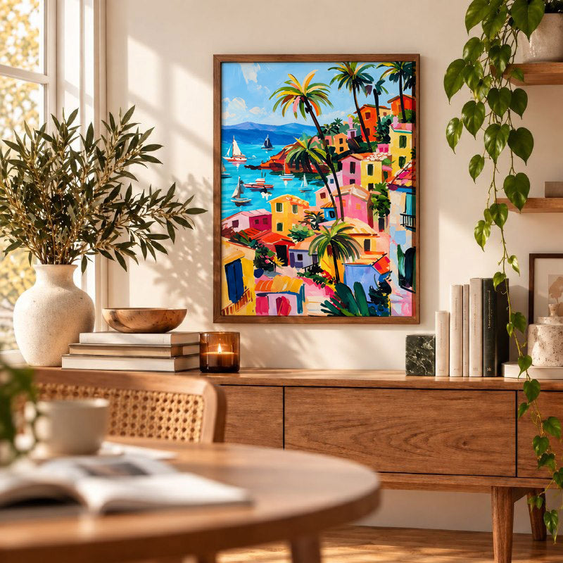 Mediterranean Coastal  Art Print, Tropical Village Wall Art, Colourful Seaside Town Poster