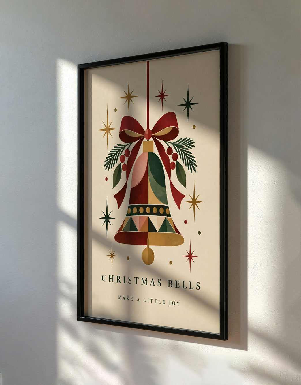 Vintage Christmas Bell Print, Holiday Bow Decor, Matte Paper Art