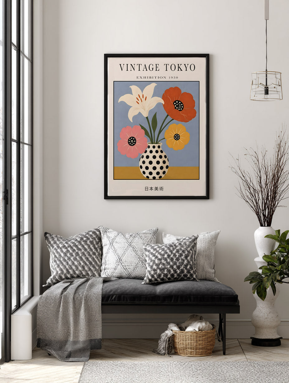 Polka Dot Flowers Wall Art Poster, Vintage Japanese Print