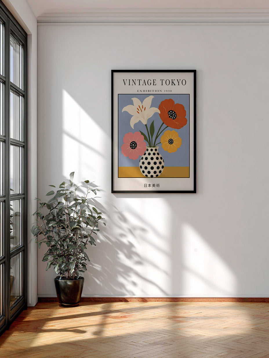 Polka Dot Flowers Wall Art Poster, Vintage Japanese Print