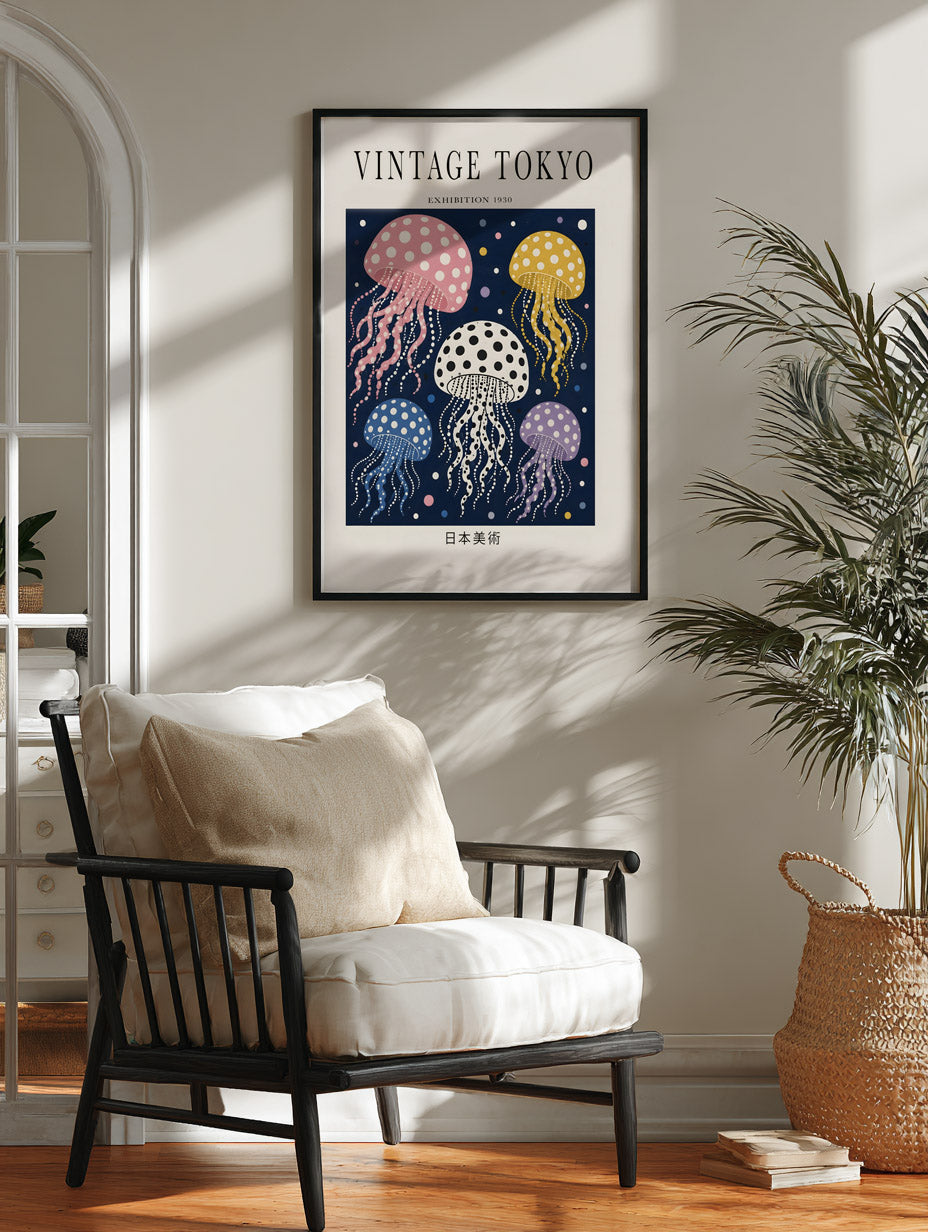 Polka Dot Jellyfish Wall Art Print, Vintage Japanese Poster