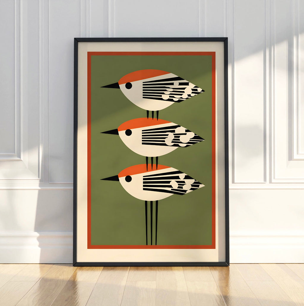 Red-Crowned Birds Wall Art Print, Mid-Century Modern Bird Poster