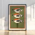 Red-Crowned Birds Wall Art Print, Mid-Century Modern Bird Poster