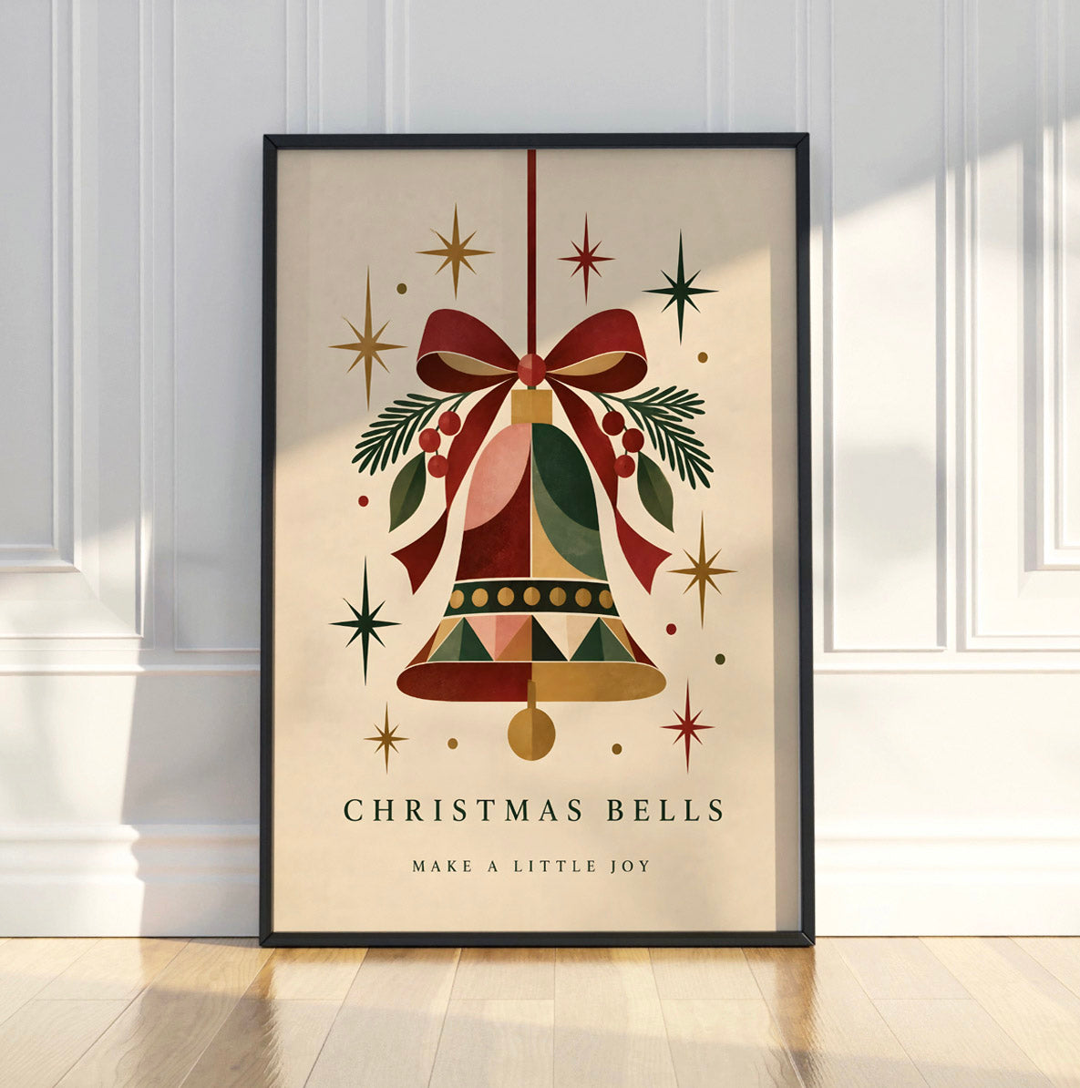 Vintage Christmas Bell Print, Holiday Bow Decor, Matte Paper Art