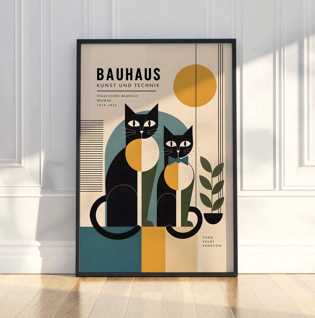 Bauhaus Couple of Cats Poster, Geometric Mid Century Wall Art Decor
