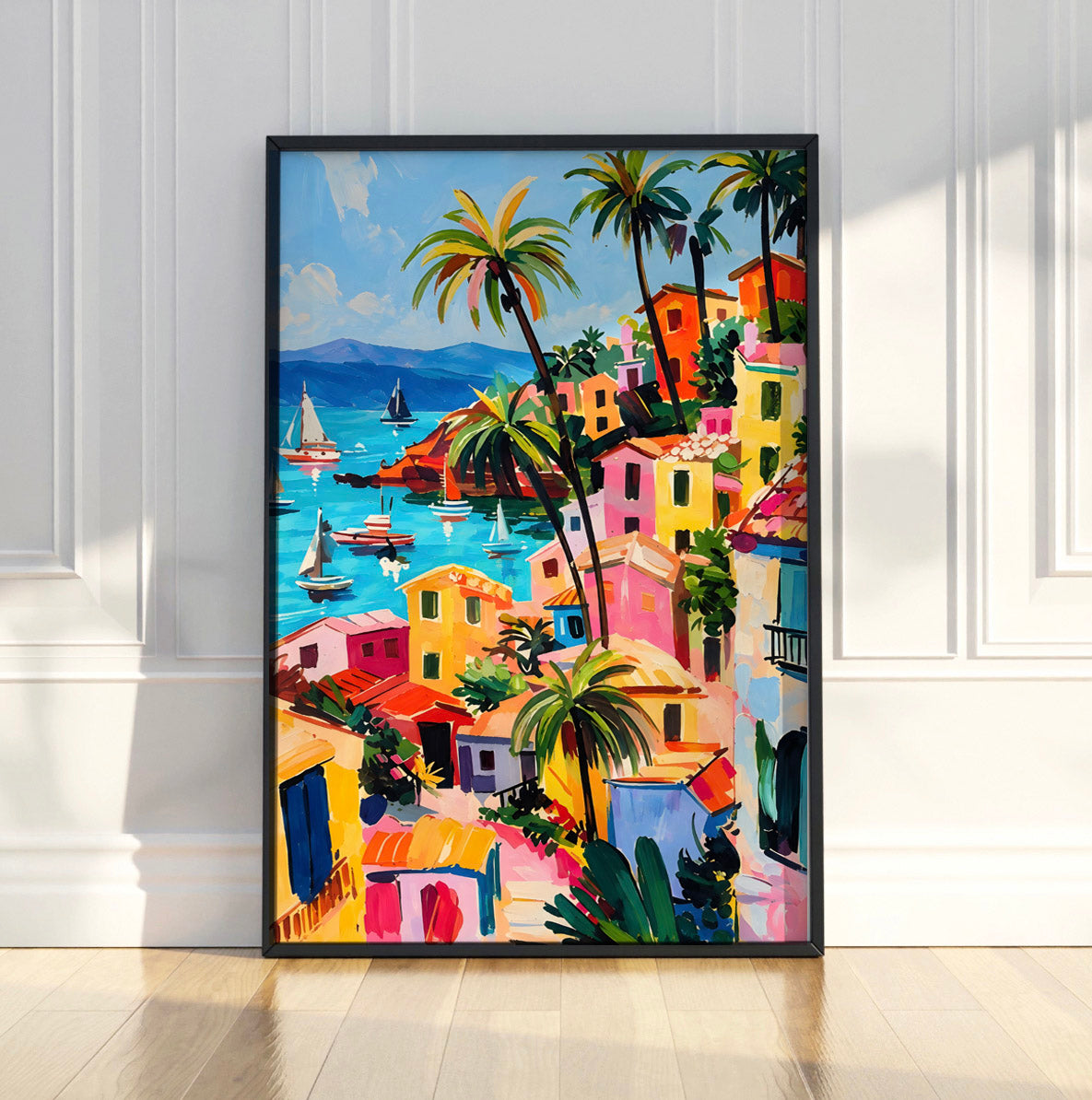 Mediterranean Coastal  Art Print, Tropical Village Wall Art, Colourful Seaside Town Poster