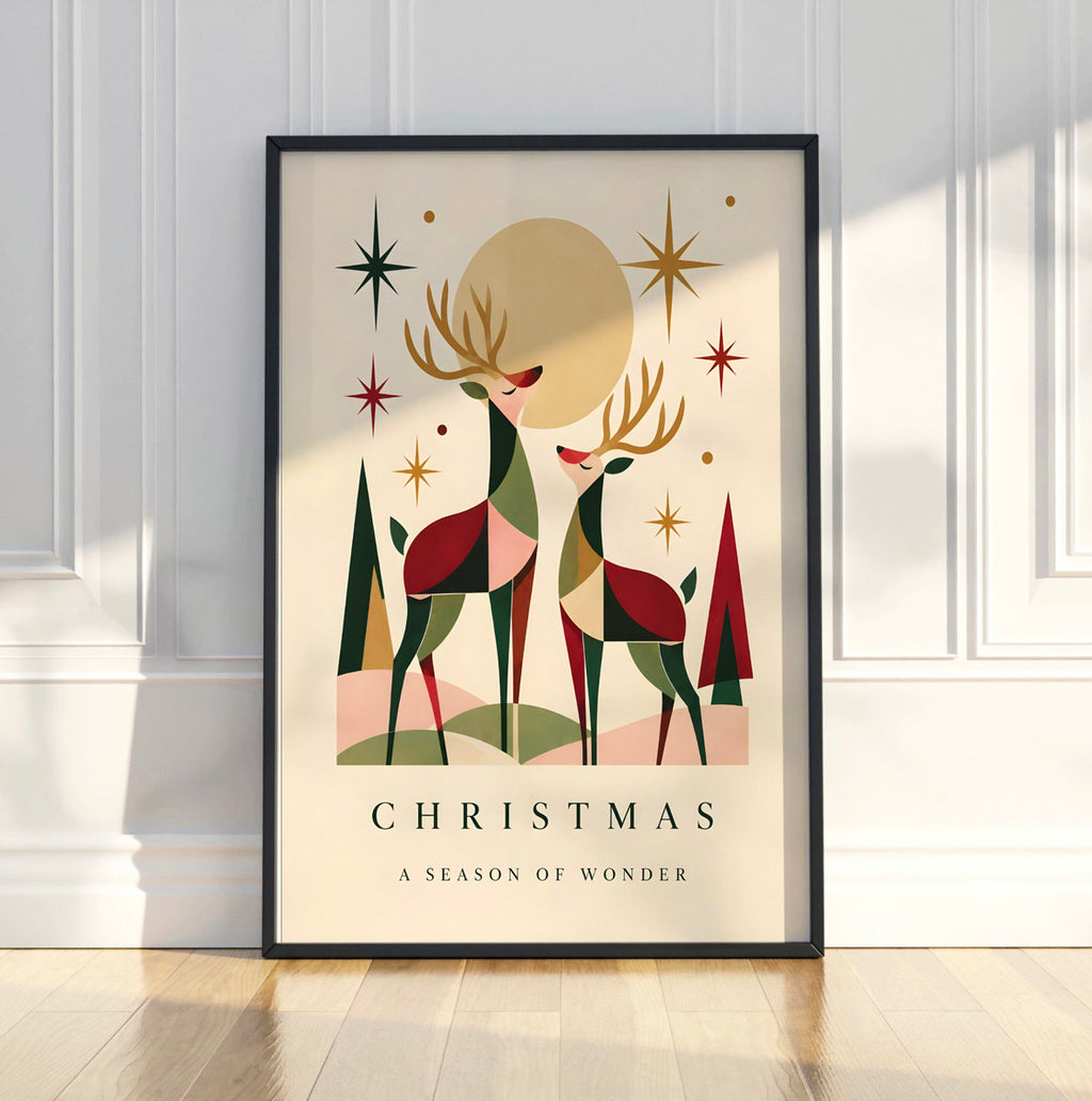Vintage Christmas Reindeer Wall Art, Retro Holiday Print