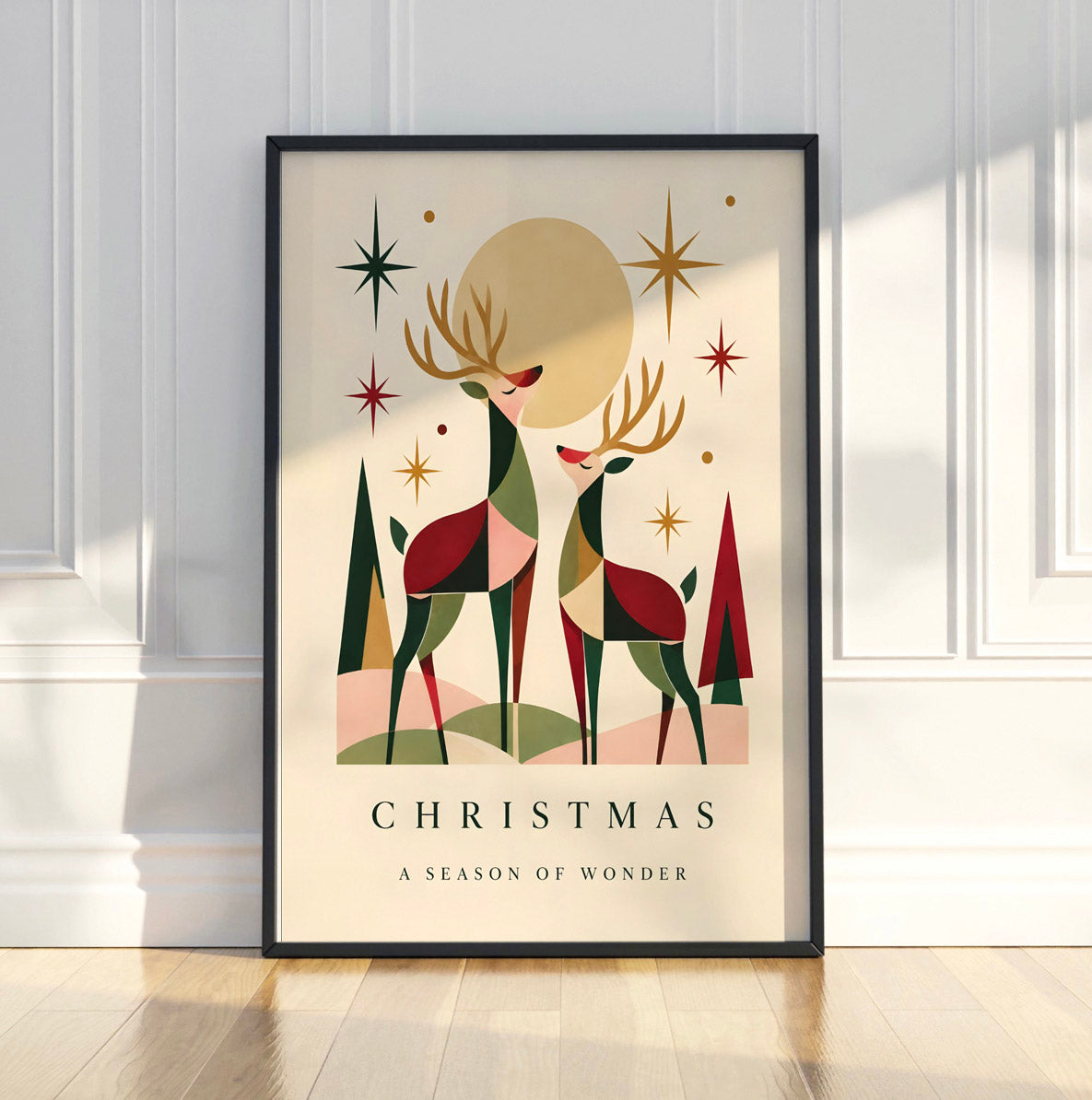 Vintage Christmas Reindeer Wall Art, Retro Holiday Print