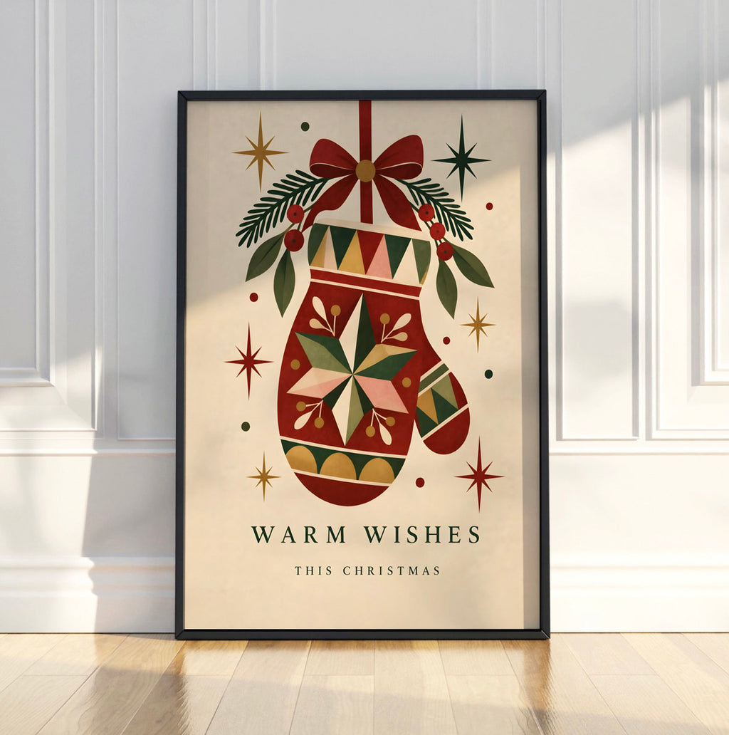 Vintage Christmas Mitten Wall Art, Festive Holiday Poster