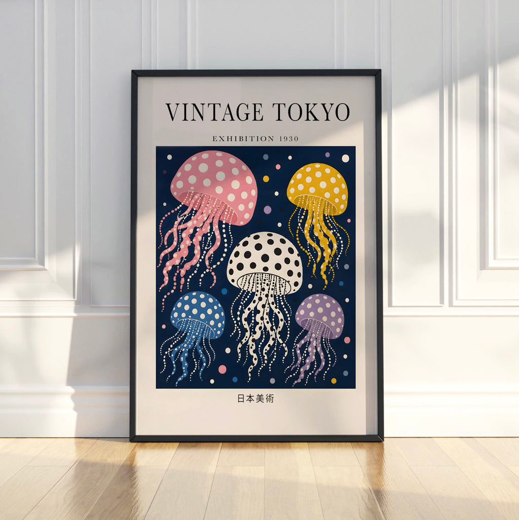 Polka Dot Jellyfish Wall Art Print, Vintage Japanese Poster