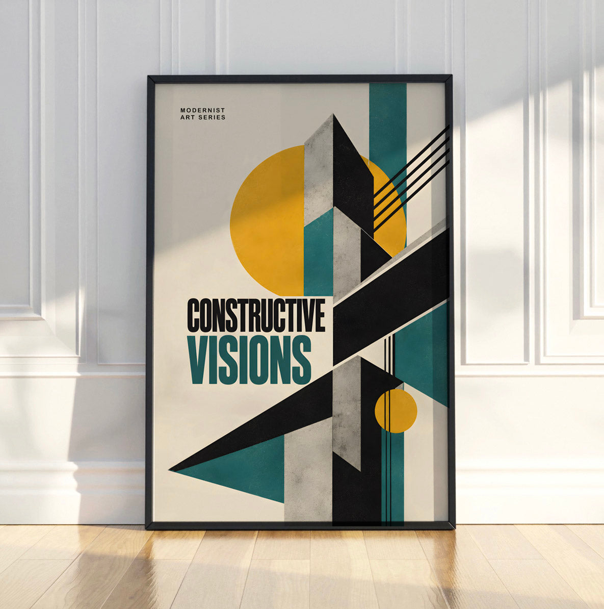 Constructivist  Poster, Bauhaus Geometric Wall Art, Teal Mustard Yellow Graphic Design