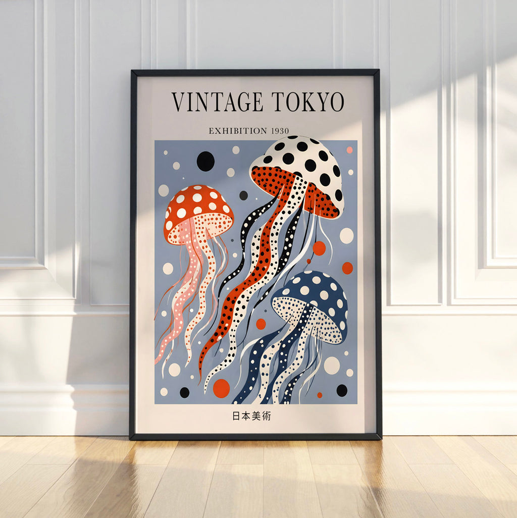 Polka dot  Blue Jellyfish Wall Art Print, Japandi, Vintage Japanese Poster
