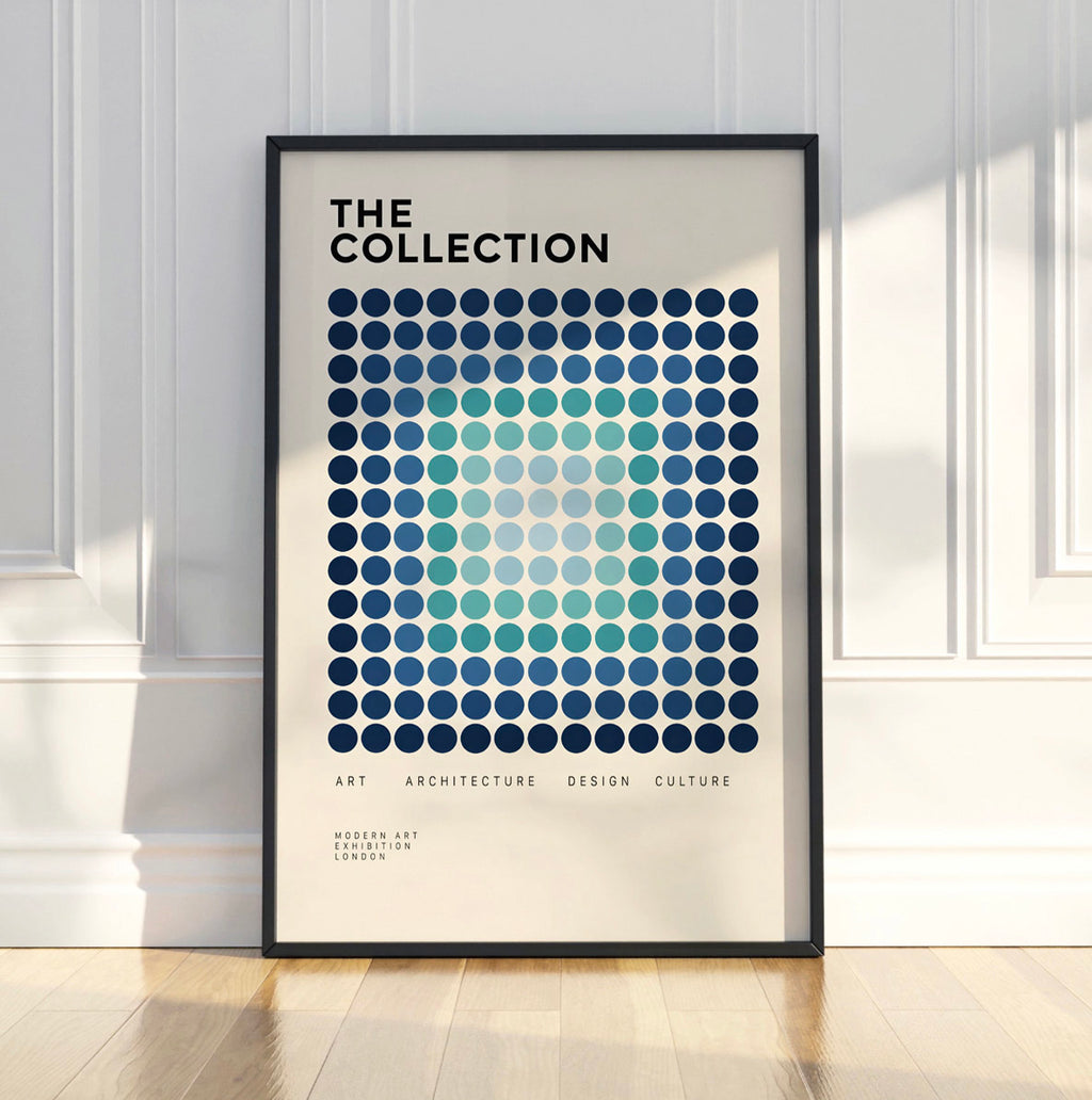 Blue Geometric Modernist Poster, Abstract Dot Pattern Wall Art, Graphic Design Decor
