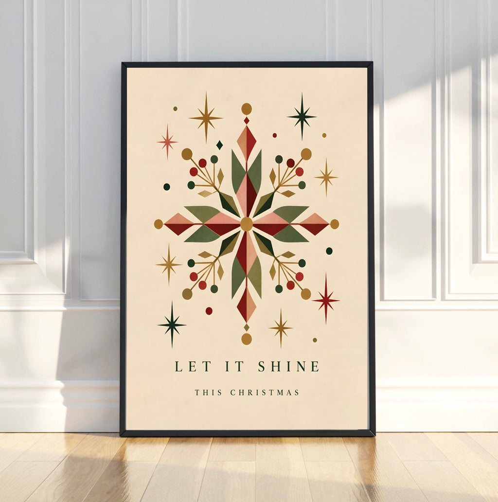 Vintage Geometric Snowflake Print, Retro Christmas Wall Art
